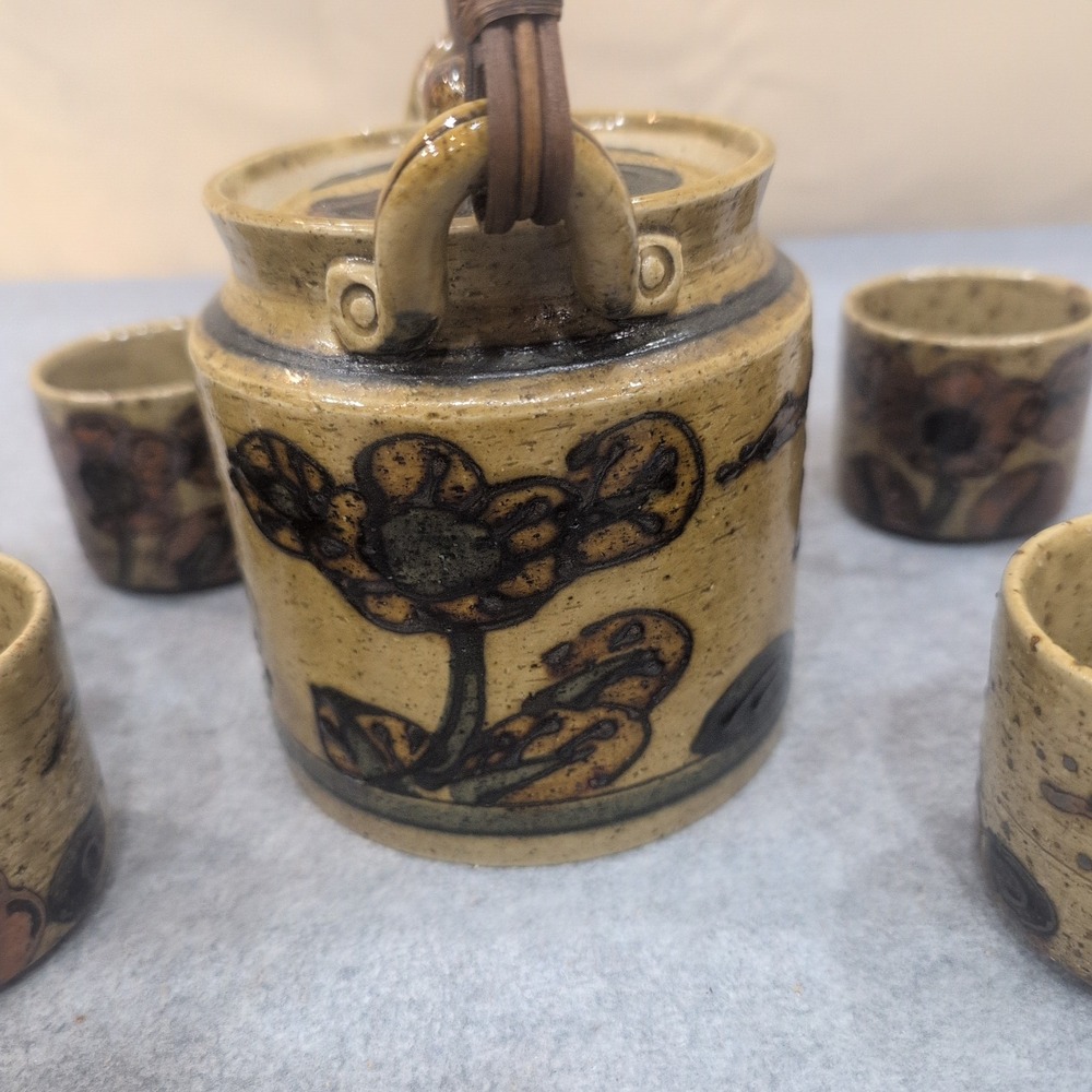 Vintage Hand Painted Ceramic Tea Set Teapot 6 Cups Bird Floral Speckled Tan - Picture 3 of 13